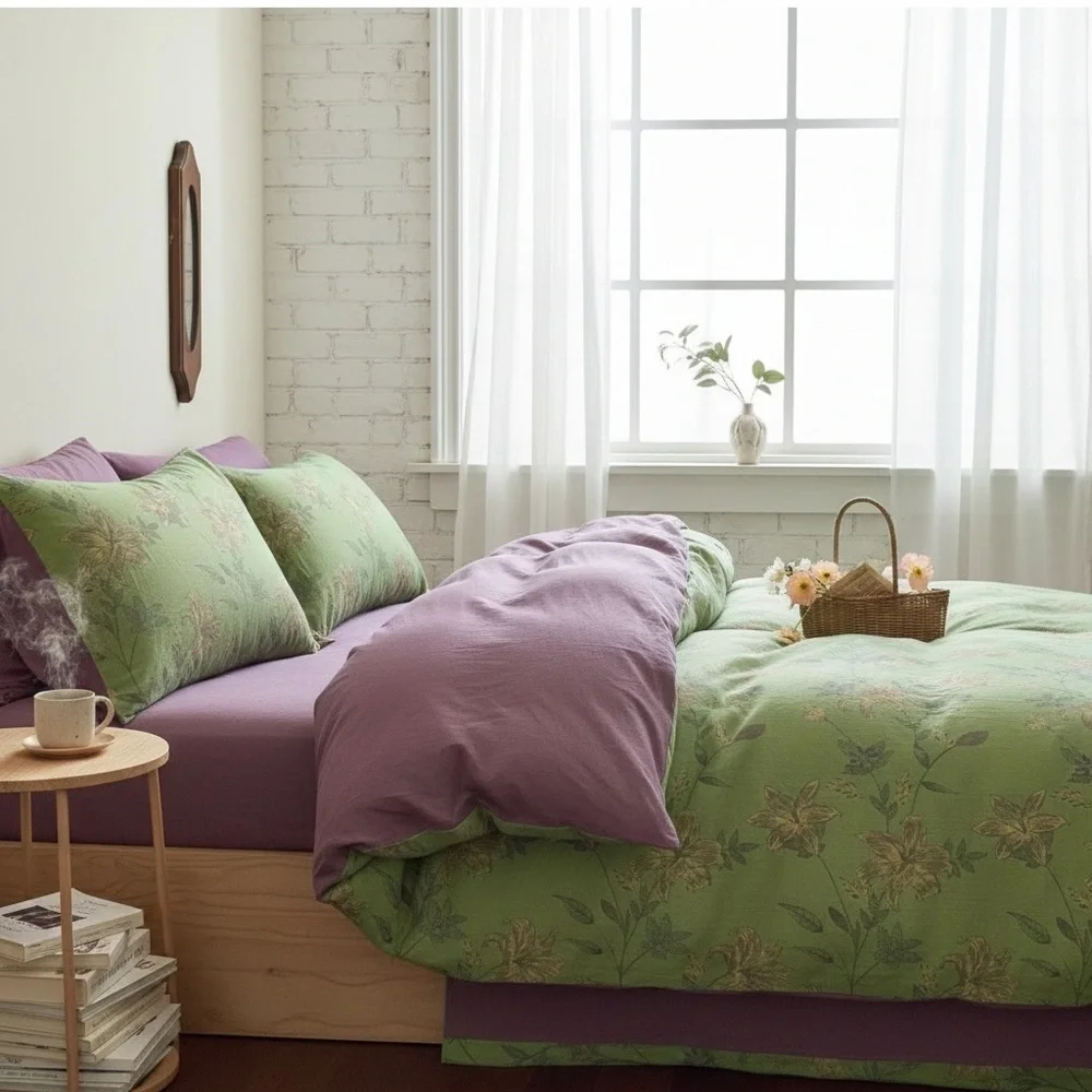 NEW Anthro Green Purple Floral Linen Boho Queen / King Bedding Duvet & Sham Set
